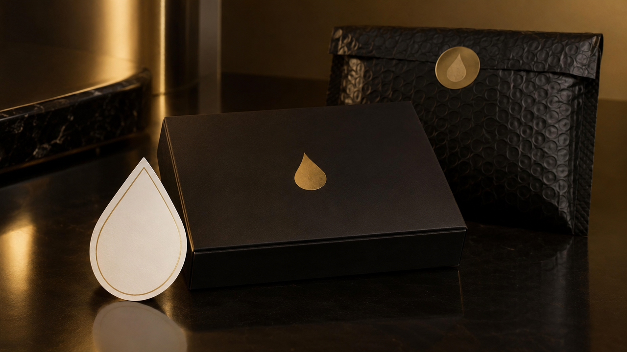 Closed matte black box with a gold drop seal, pearl drop card and black mailer