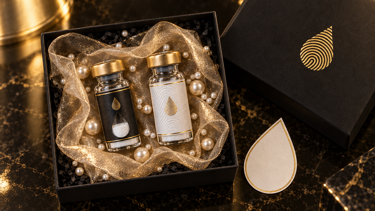 Open box with black crinkle paper, gold organza, pearls, two labelled vials and a pearl drop card